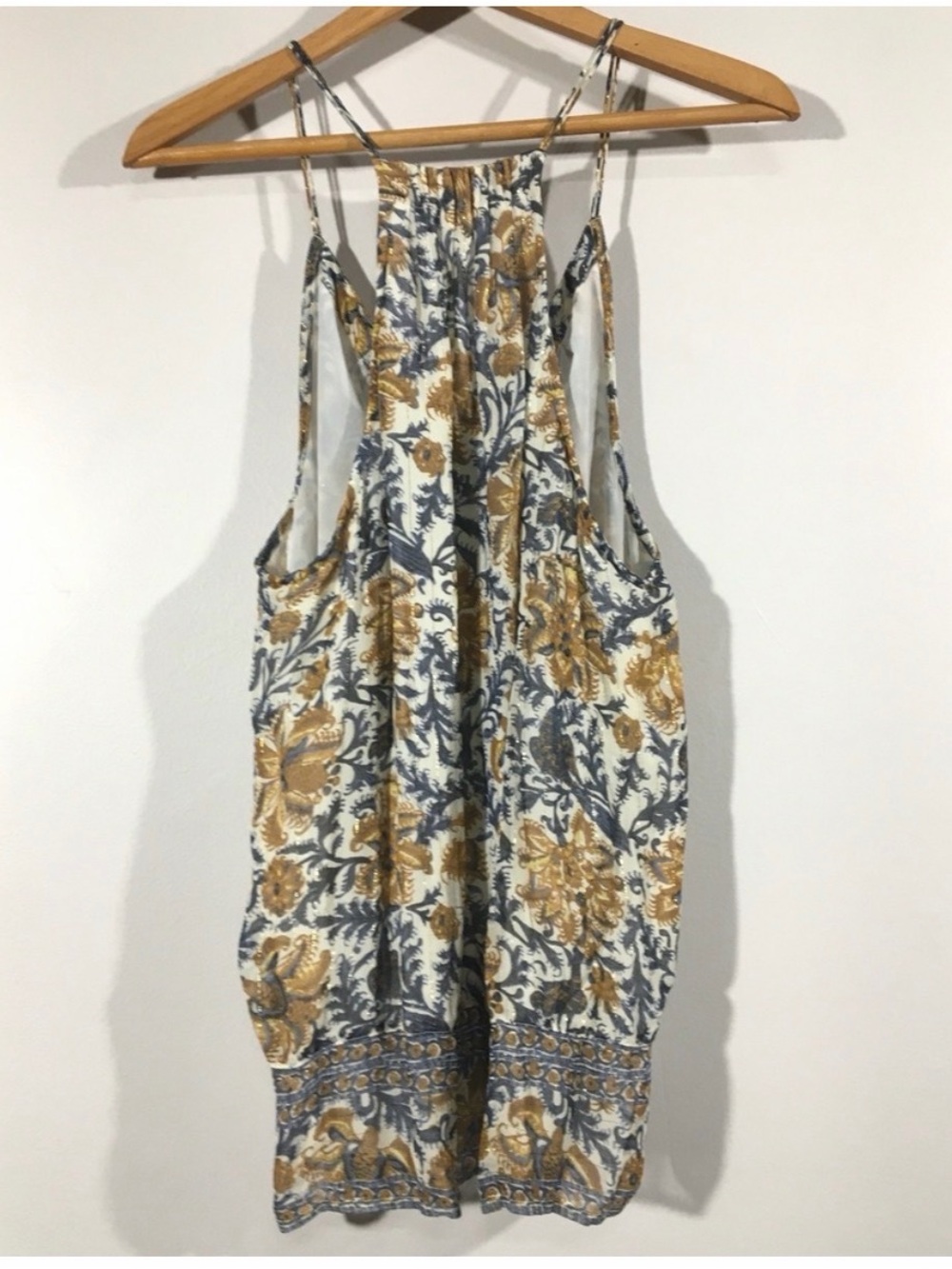 Lucky Brand Floral Print Women's Tank Blouse XL Blue White Gold Metallic Stripe